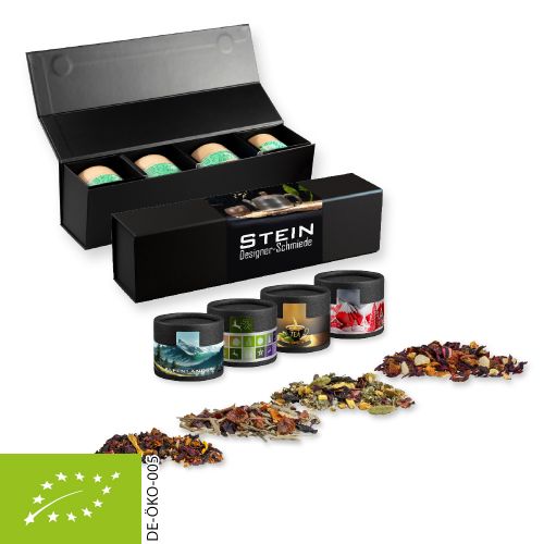 Various tea sorts organic and non organic, ca. 60-140g, gift set premium black with 4 cardboard can mini