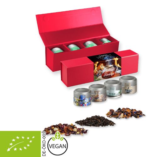 Various tea sorts organic and non organic, ca. 60-140g, gift set premium red with 4 metal tin mini with window
