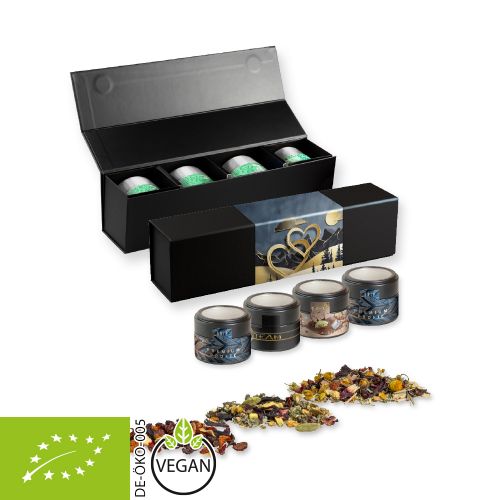 Various tea sorts organic and non organic, ca. 60-140g, gift set premium black with 4 metal tin mini with window