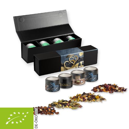 Various tea sorts organic and non organic, ca. 60-140g, gift set premium black with 4 metal tin mini with window