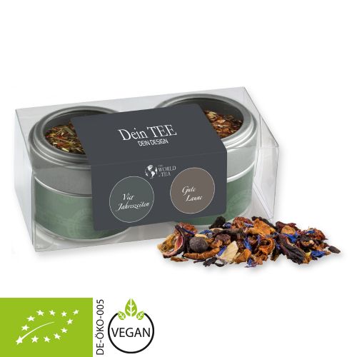 Various tea sorts organic and non organic, ca. 30-70g, 2-set metal tin mini with window with label