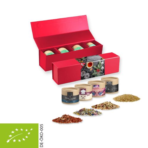 Rough spice mixture (category 2), ca. 40-160g, gift set premium red with 4 cardboard can mini