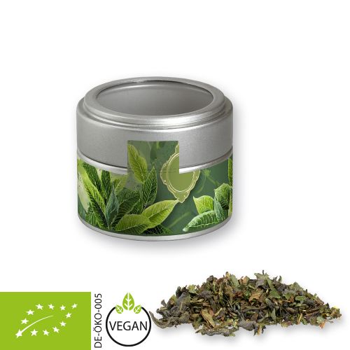 Organic green tea with mint, ca. 18g, metal tin mini silver with window with label