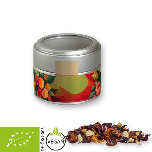 Organic fruit tea good mood, ca. 30g, metal tin mini silver with window with label