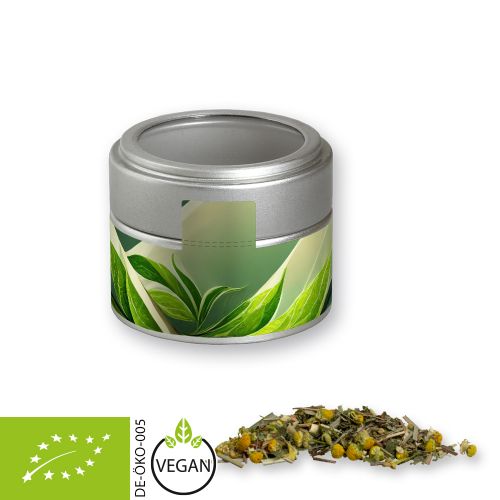 Organic herbal tea herbal fantasy, ca. 15g, metal tin mini silver with window with label