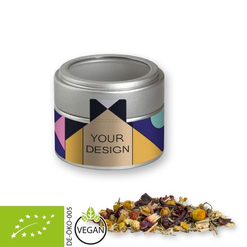 Organic herbal tea four seasons, ca. 15g, metal tin mini silver with window with label