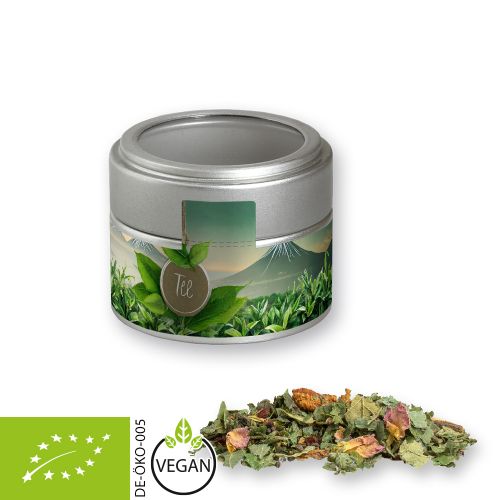 Organic herbal tea happiness, ca. 15g, metal tin mini silver with window with label