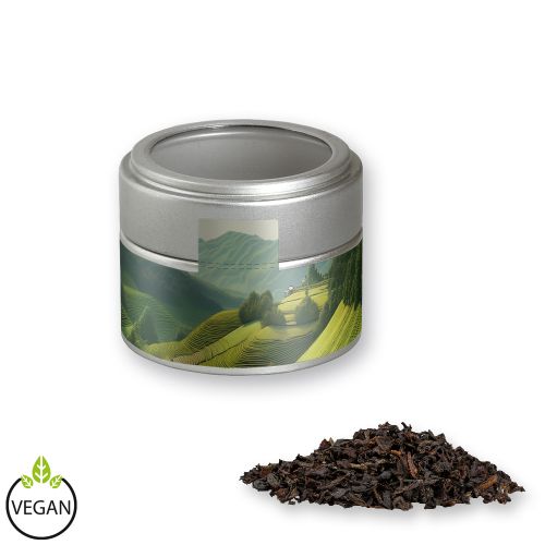 Black tea, ca. 25g, metal tin mini silver with window with label