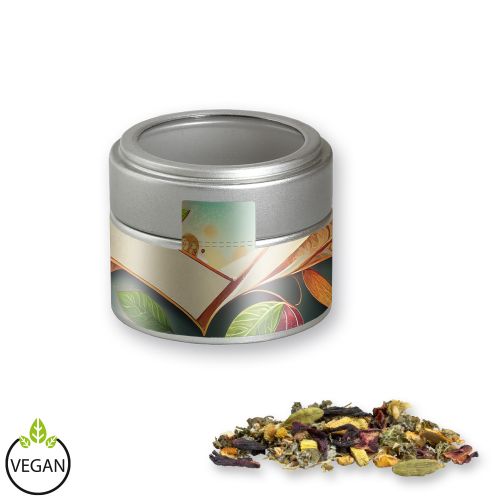 Ayurveda relax tea, ca. 35g, metal tin mini silver with window with label