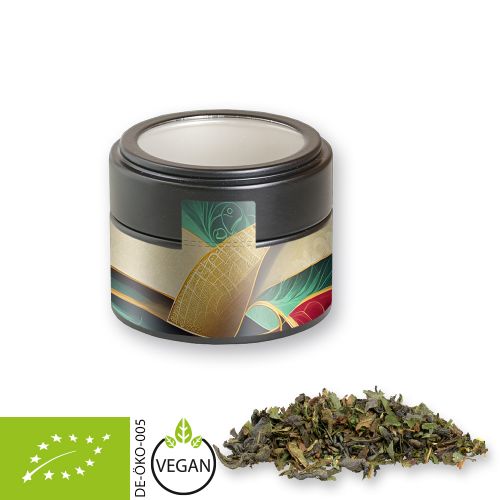 Organic green tea with mint, ca. 18g, metal tin mini black with window with label