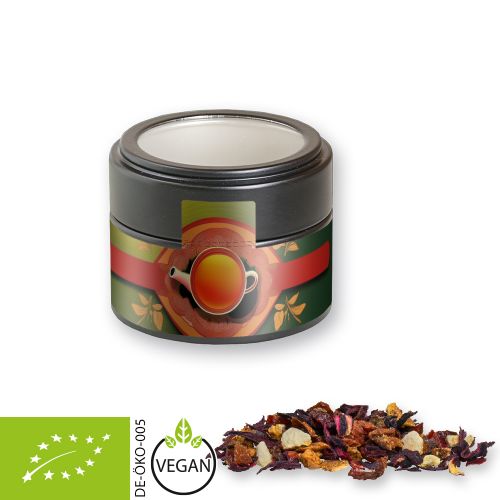 Organic fruit tea good mood, ca. 30g, metal tin mini black with window with label