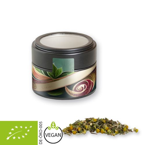 Organic herbal tea herbal fantasy, ca. 15g, metal tin mini black with window with label
