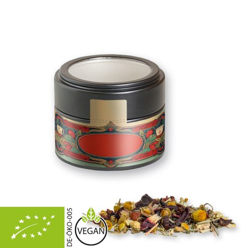 Organic herbal tea four seasons, ca. 15g, metal tin mini black with window with label