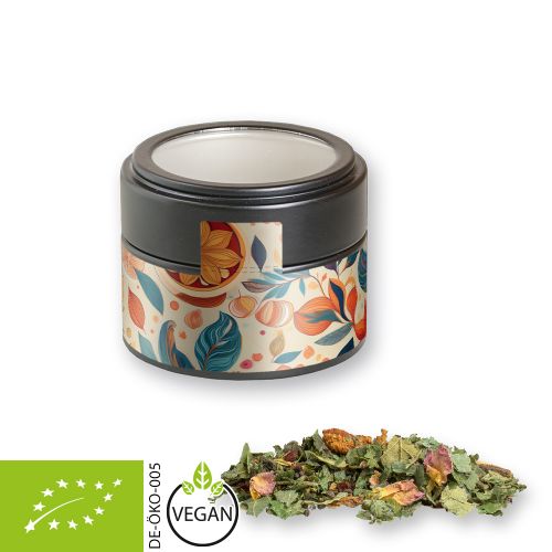 Organic herbal tea happiness, ca. 15g, metal tin mini black with window with label