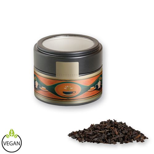 Black tea, ca. 25g, metal tin mini black with window with label