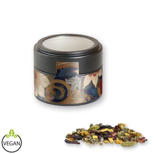 Ayurveda relax tea, ca. 35g, metal tin mini black with window with label