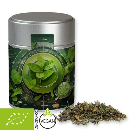 Organic green tea with mint, ca. 35g, metal tin midi silver with label