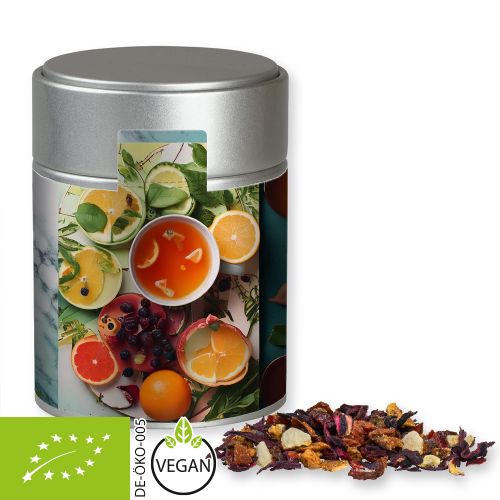 Organic fruit tea good mood, ca. 60g, metal tin midi silver with label