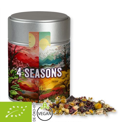 Organic herbal tea four seasons, ca. 30g, metal tin midi silver with label