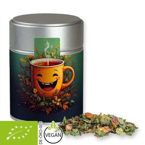 Organic herbal tea happiness, ca. 35g, metal tin midi silver with label