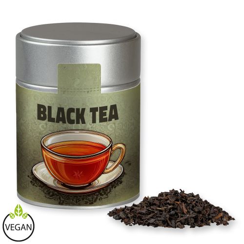 Black tea, ca. 45g, metal tin midi silver with label