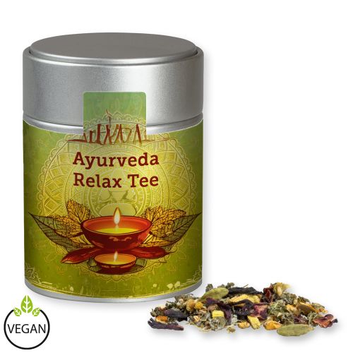 Ayurveda relax tea, ca. 60g, metal tin midi silver with label