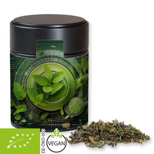 Organic green tea with mint, ca. 35g, metal tin midi black with label