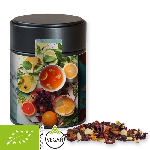 Organic fruit tea good mood, ca. 60g, metal tin midi black with label