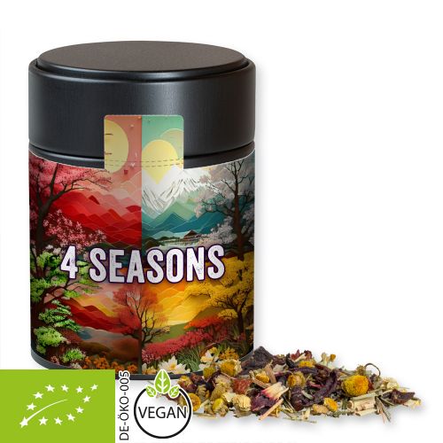 Organic herbal tea four seasons, ca. 30g, metal tin midi black with label