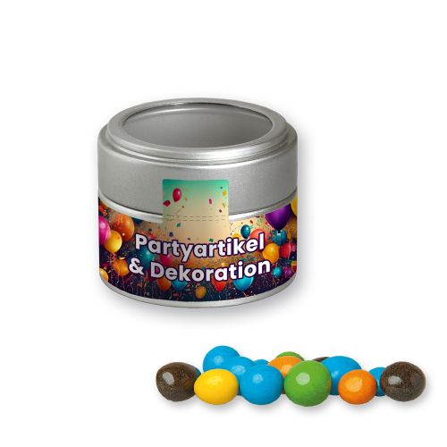 Coloured peanuts, ca. 70g, metal tin mini silver with window with label