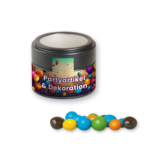 Coloured peanuts, ca. 70g, metal tin mini black with window with label