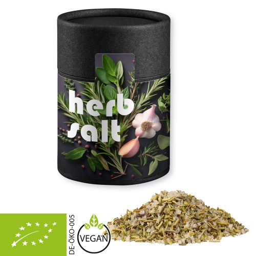 Organic herb salt, ca. 80g, cardboard can midi black with label