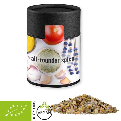 Organic all-rounder spice, ca. 75g, cardboard can midi black with label