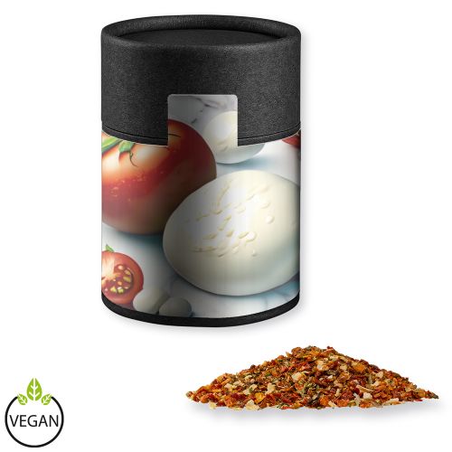 Tomato mozzarella spice, ca. 50g, cardboard can midi black with label