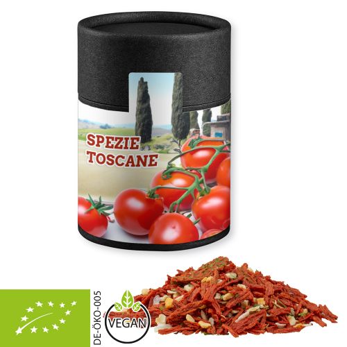 Organic tuscan bruschetta, ca. 50g, cardboard can midi black with label