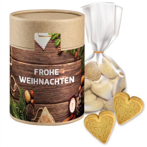Butter heart cookies, ca. 100g, pouch in cardboard can maxi with label