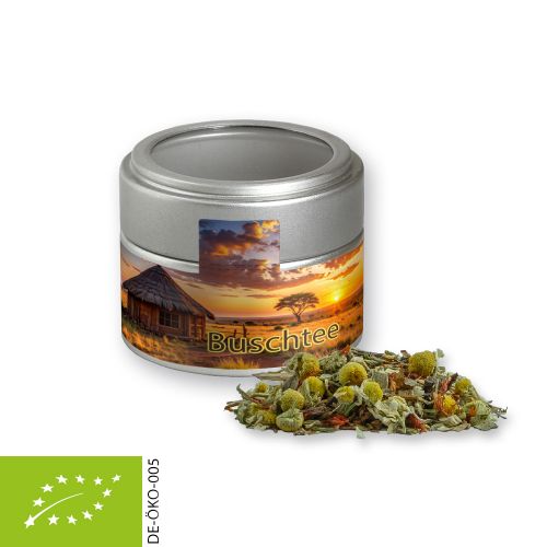 Organic rooibos tea relaxation time, ca. 25g, metal tin mini silver with window