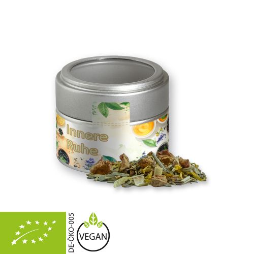 Organic herbal tea peace of mind, ca. 17g, metal tin mini silver with window