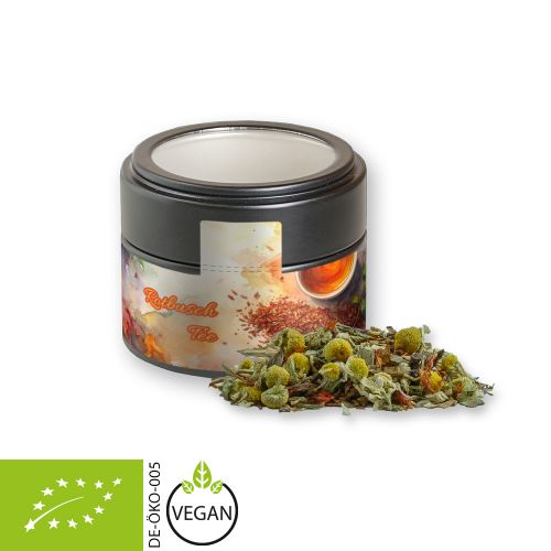 Organic rooibos tea relaxation time, ca. 25g, metal tin mini black with window