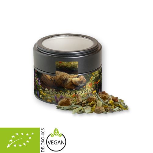 Organic herbal tea peace of mind, ca. 17g, metal tin mini black with window