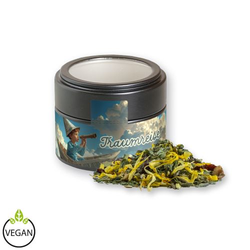 Herbal tea lavender, ca. 15g, metal tin mini black with window
