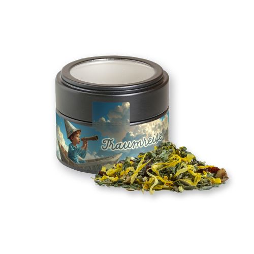 Herbal tea lavender, ca. 15g, metal tin mini black with window