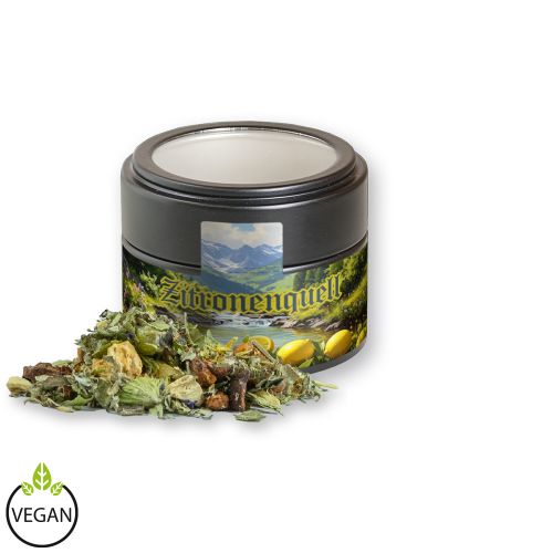 Herbal tea mountain tea & citrus, ca. 20g, metal tin mini black with window