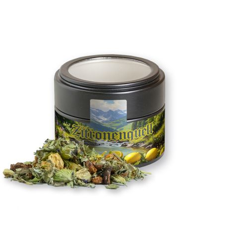 Herbal tea mountain tea & citrus, ca. 20g, metal tin mini black with window
