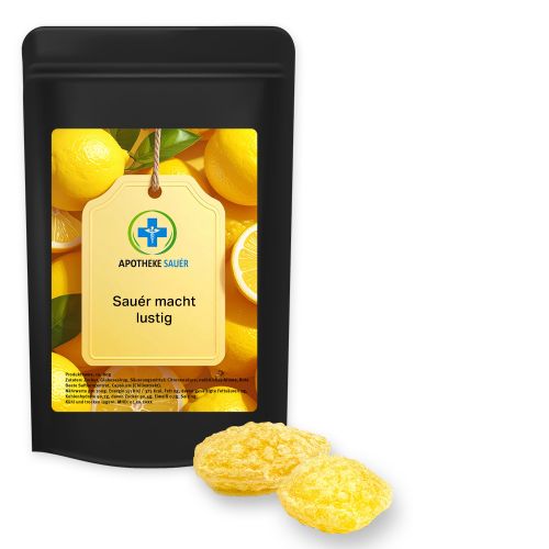 Lemon sweets with vitamin D, ca. 80g, midi stand up pouch black with label