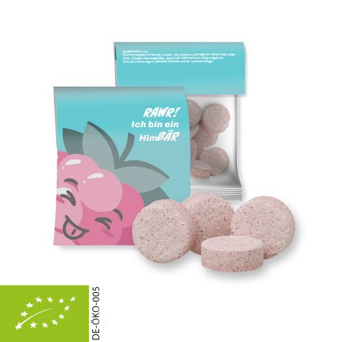 Organic raspberry drops (vegan), ca. 15g, express midi bag with promotional flyer