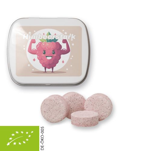 Organic raspberry drops (vegan), ca. 20g, mint tin white