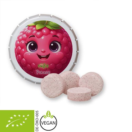 Organic raspberry drops, ca. 20g, click clack tin white