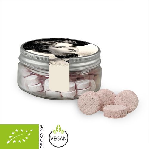 Organic raspberry drops, ca. 60g, mini sweet jar with label