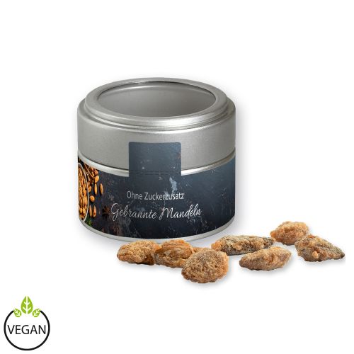 Burnt almonds with no added sugar, ca. 60g, metal tin mini silver with window